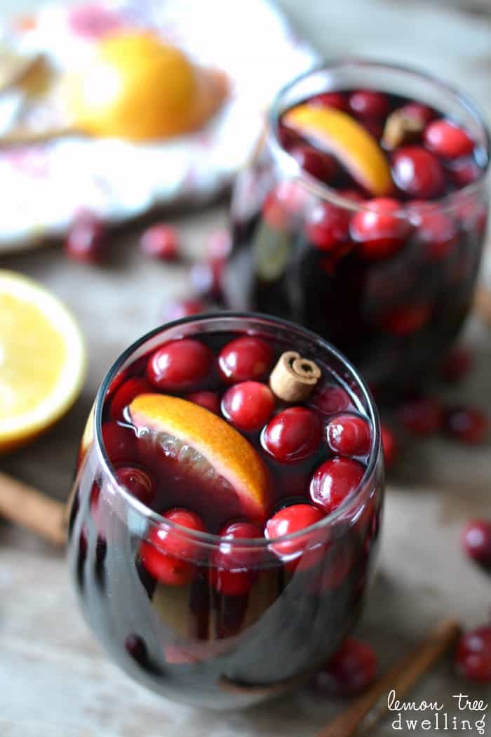 Mulled Cranberry-Orange Sangria. Served warm. Perfect for fall & winter!