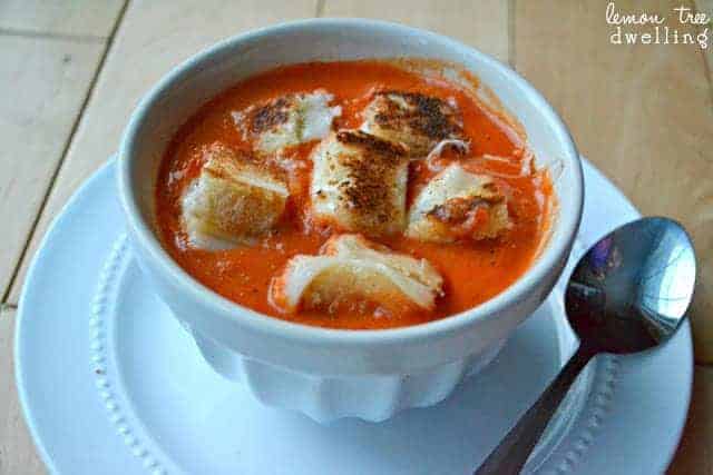 homemade fire-roasted tomato red pepper soup with grilled cheese croutons