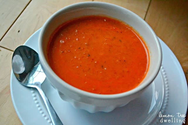 bowl of warm fire-roasted tomato red pepper soup
