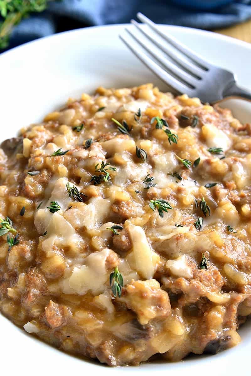 This French Onion Risotto is creamy, comforting, and bursting with French Onion flavor! Perfect for date night or anytime you want to impress....and ready in just 30 minutes!