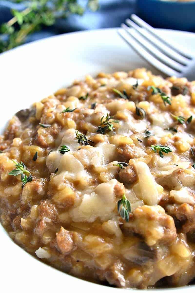 This French Onion Risotto is creamy, comforting, and bursting with French Onion flavor! Perfect for date night or anytime you want to impress....and ready in just 30 minutes!