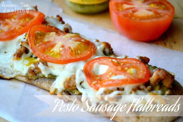 These Pesto Sausage Flatbreads combine traditional basil pesto with sweet Italian sausage to make an easy appetizer that is simply delicious! 