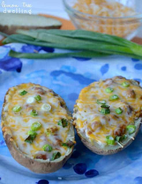 Delicious Chili Cheese Potato Skins from Lemon Tree Dwelling - perfect for game time or any time!