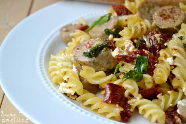 photo shows half of a plate with sundried tomato pasta