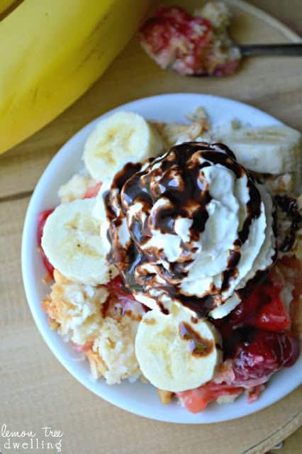 Banana Split Dump Cake - with all the flavors of a Banana Split - is the perfect no-melt alternative to the real thing!