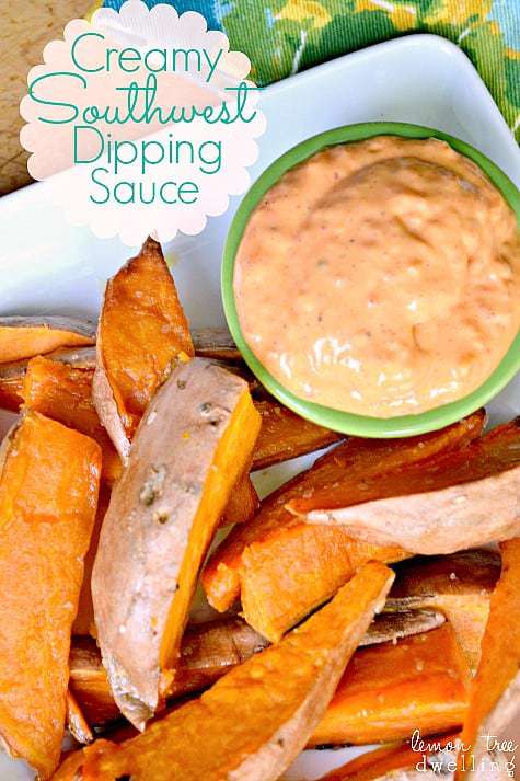 This Creamy Southwest Dipping Sauce combines mayo, roasted red peppers, honey, and seasonings in a delicious sauce that is perfect for french fries, chicken tenders, crab cakes, or your favorite appetizers!