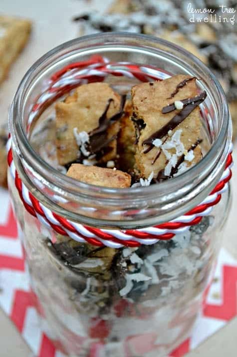 Almond Joy Biscotti is sinfully delicious! This rich biscotti is stuffed with chocolate, coconut, and almonds and drizzled with more of the same! 