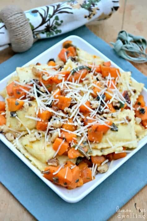 Butternut Squash Ravioli is simply delectable as a main dish or side dish. Cheese ravioli is topped with delicious butternut squash, fresh sage and walnuts. This is perfect for those cold winter nights!