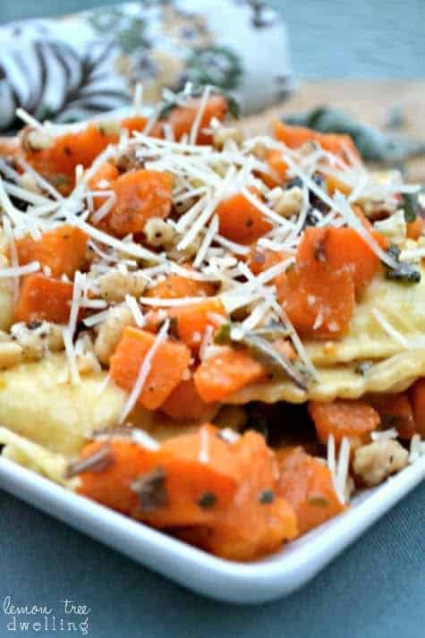 Butternut Squash Ravioli is simply delectable as a main dish or side dish. Cheese ravioli is topped with delicious butternut squash, fresh sage and walnuts. This is perfect for those cold winter nights!