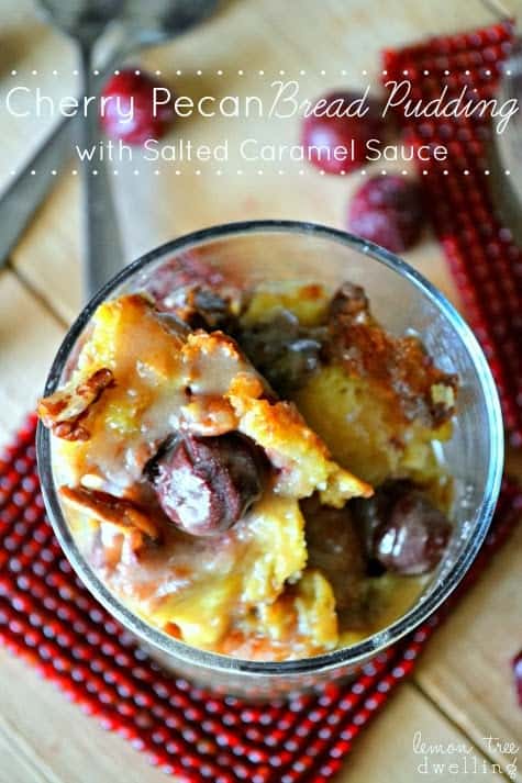 Cherry Pecan Bread Pudding with Salted Caramel Sauce is a delicious comfort food for those cold winter nights. Classic bread pudding made with pecans and cherries and topped with a creamy salted caramel sauce. So tasty!
