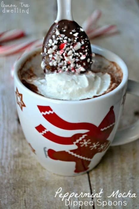 Peppermint Mocha Dipped Spoons are chocolate dipped stirring spoons - they make great holiday gifts!