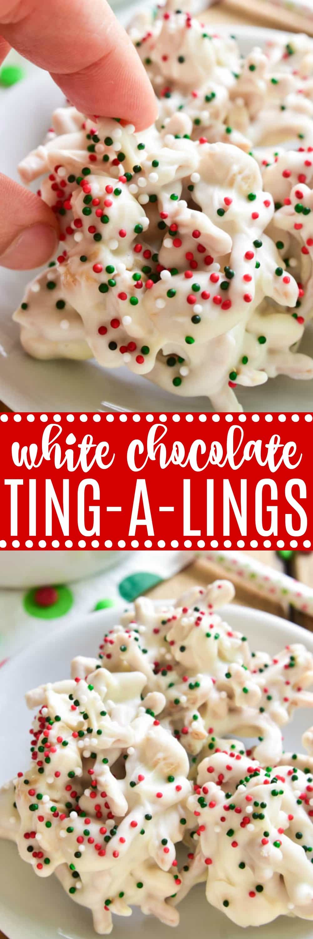 White Chocolate Ting-a Lings are one of our favorite holiday treats! Loaded with salty peanuts and crunchy chow mein noodles, then smothered in white chocolate and decorated with red, green & white Christmas sprinkles, they're the perfect salty-sweet no-bake treat. 