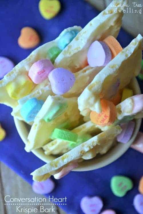 Conversation Heart Krispie Bark is a kid tested, kid approved dessert.