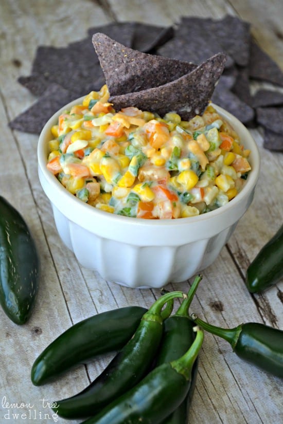 Jalapeno Corn Dip is loaded with fresh peppers, onions, cilantro, and cheese for a spicy Mexican dip