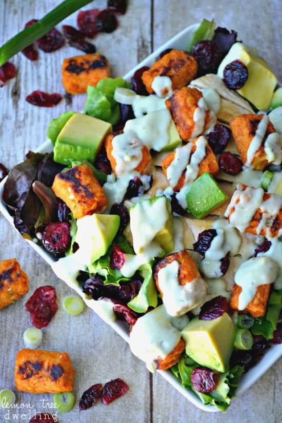 Loaded Sweet Potato Tot Salad is chock full of deliciousness and drizzled with creamy avocado ranch dressing. 