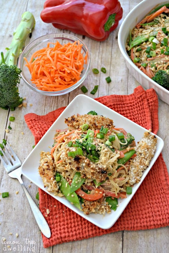 Asian Noodles with Peanut Teriyaki Sauce makes for a quick and easy dinner. This healthy fish recipe whips together in minutes and is a delicious weeknight meal #CookinComfort  #shop #cbias