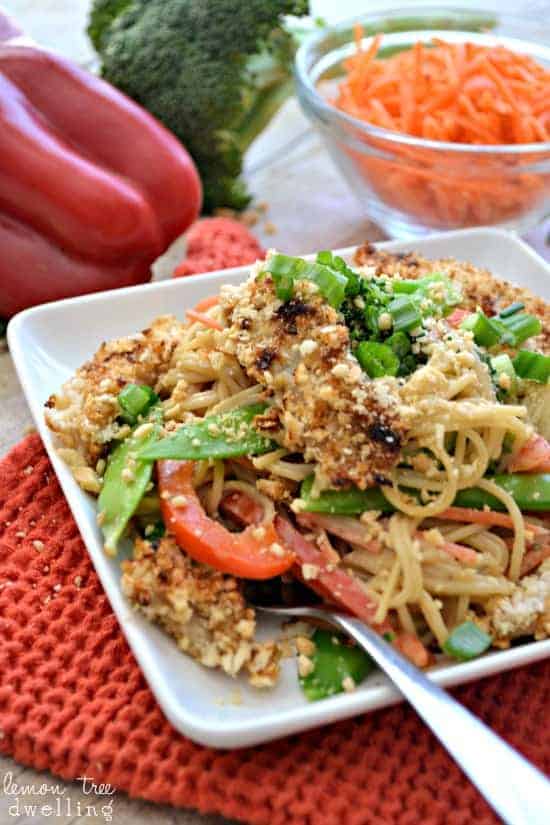 Asian Noodles with Peanut Teriyaki Sauce makes for a quick and easy dinner. This healthy fish recipe whips together in minutes and is a delicious weeknight meal #CookinComfort  #shop #cbias