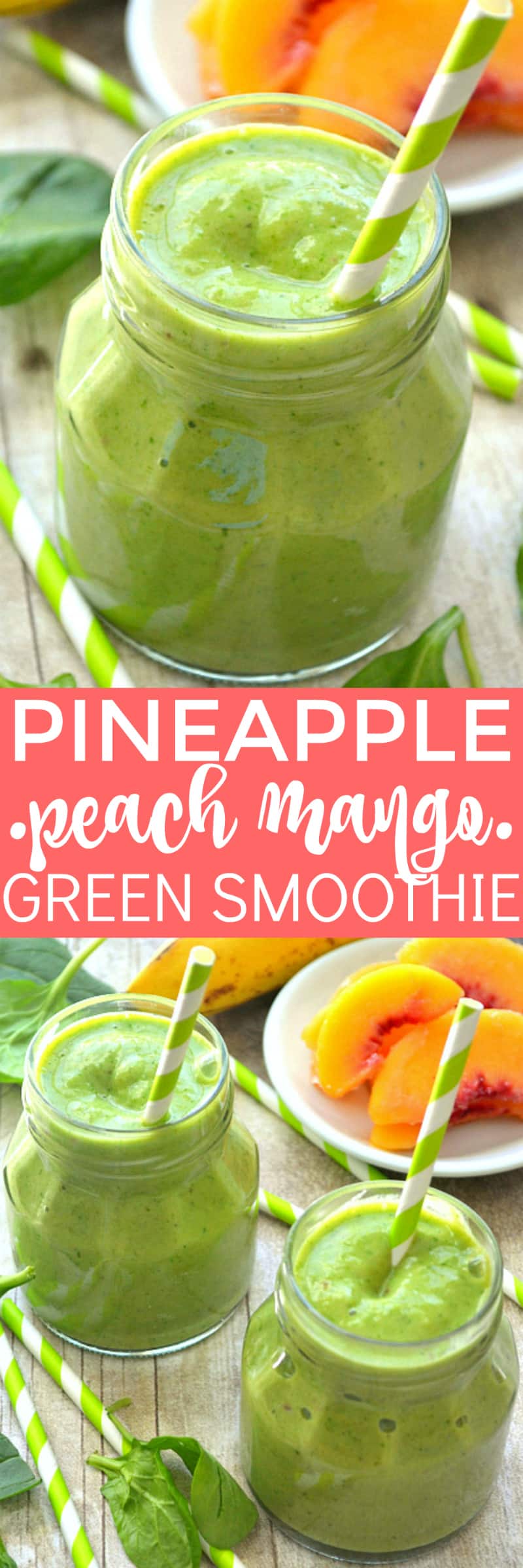 This Pineapple Peach Mango Green Smoothie is a delicious taste of the tropics! Loaded with peaches, mango, pineapple juice, bananas, and spinach....this smoothie is flavor-packed and perfect for any time of day! 