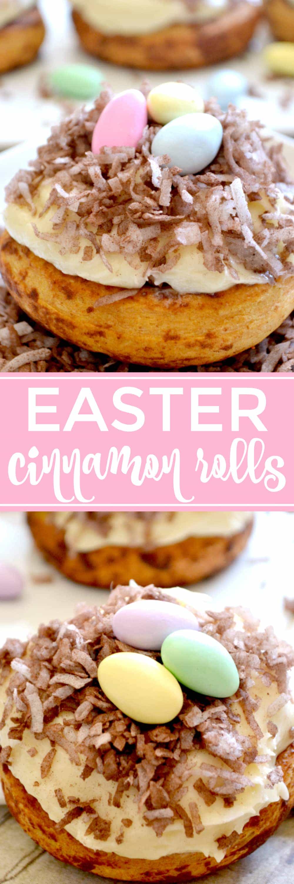 These Easter Cinnamon Rolls are the PERFECT breakfast for Easter morning! They start with refrigerated cinnamon rolls, topped with the best cream cheese frosting, chocolate coconut, and Jordan almonds for a super cute, sweet breakfast treat!