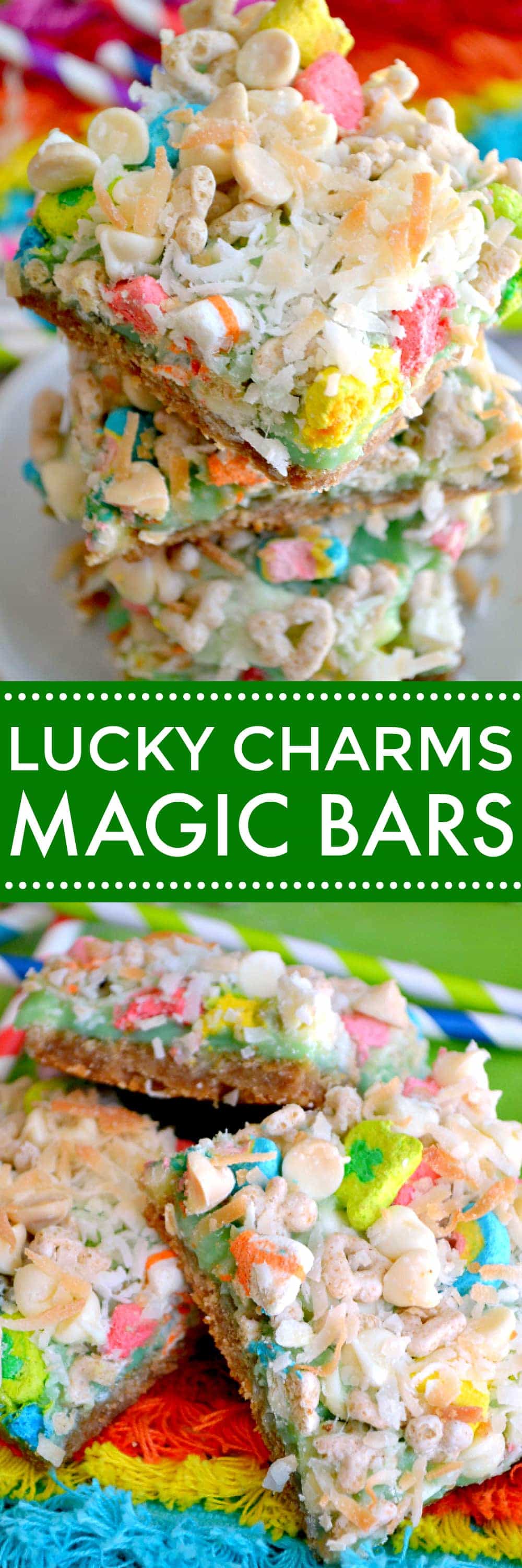 Ooey gooey Lucky Charms Magic Bars with a Nilla Wafer crust, white chocolate chips, mini marshmallows, and coconut. The perfect way to catch a leprechaun.