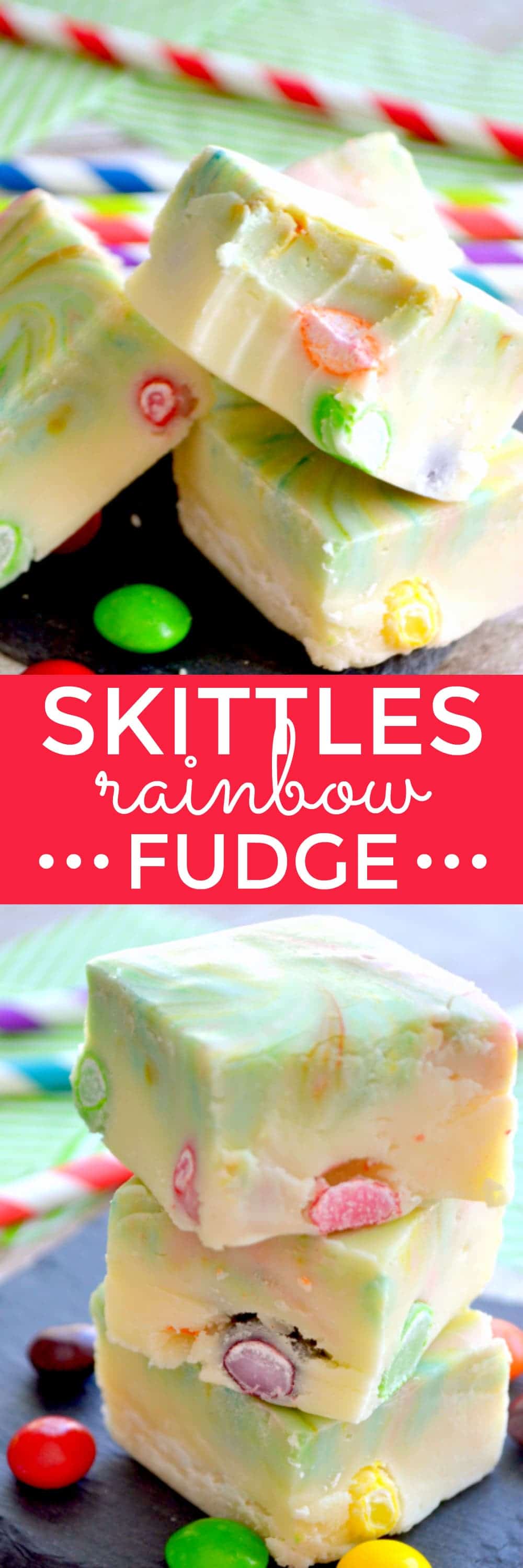 Creamy white chocolate fudge swirled with rainbow colors and stuffed with Skittles. Because St. Patrick's Day is all about FUN!!