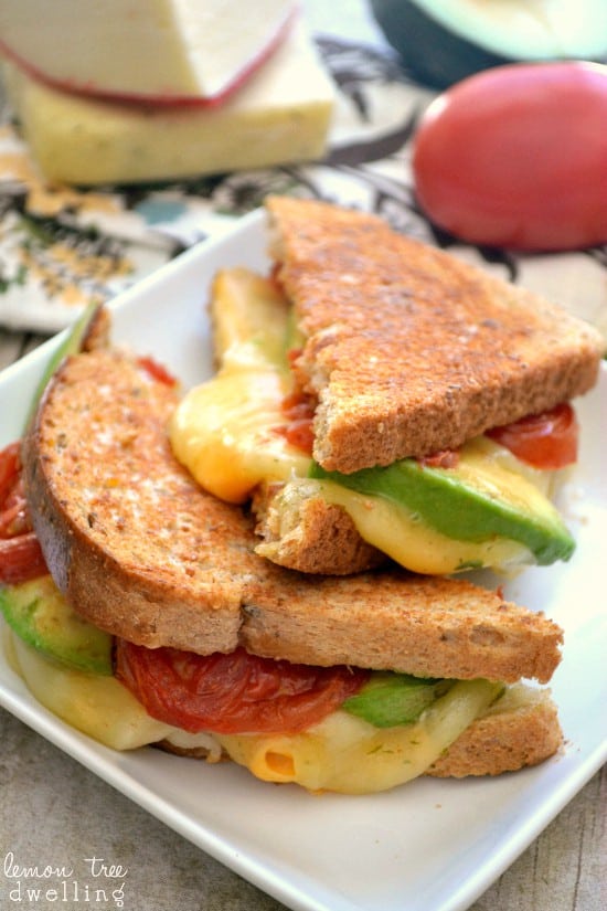 Loaded Grilled 4-Cheese Sandwich with avocado and oven roasted tomatoes