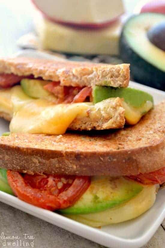 Loaded Grilled 4-Cheese Sandwich with avocado and oven roasted tomatoes