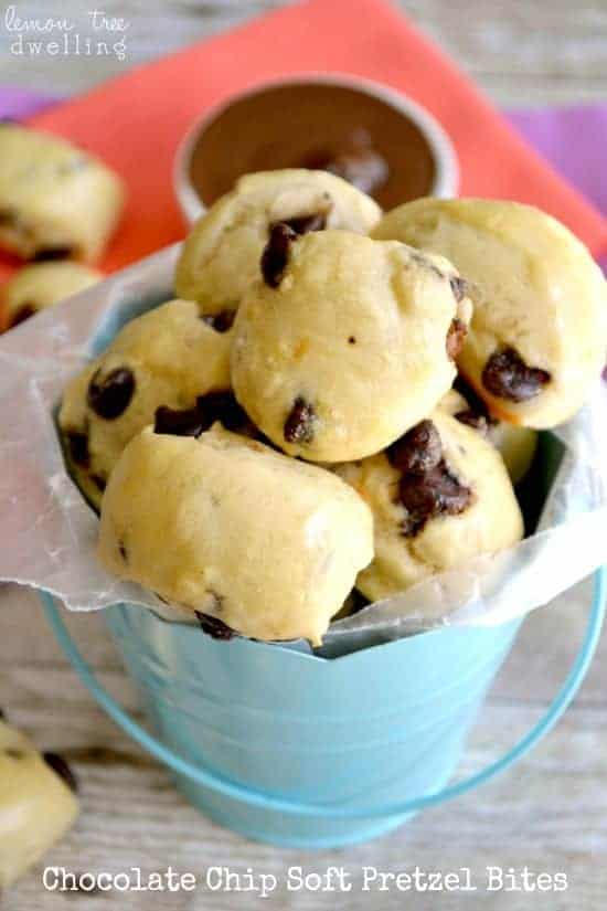 Chocolate Chip Soft Pretzel Bites with Peanut Butter Chocolate Dipping Sauce - I'm in LOVE with this idea!