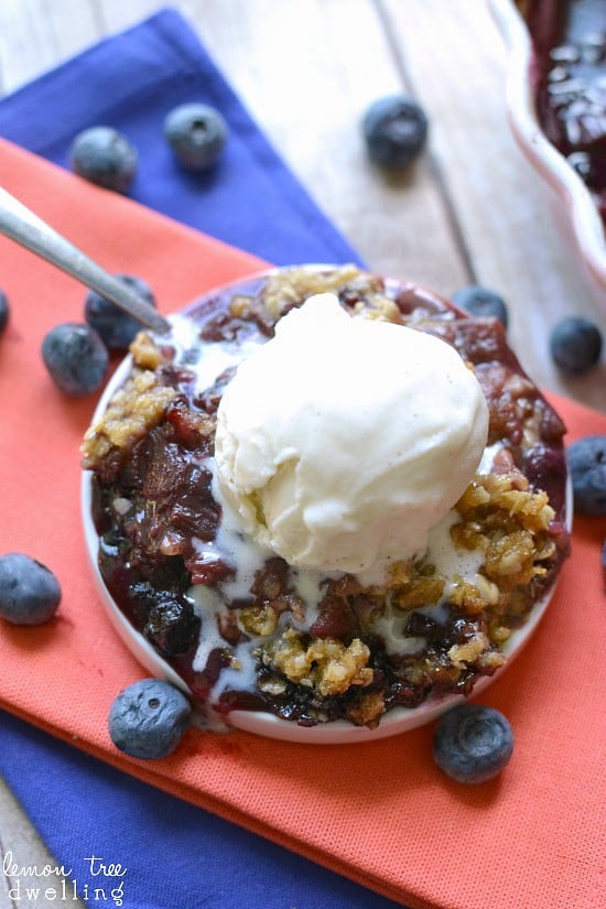Blueberry Rhubarb Crisp - delicious served warm with vanilla ice cream!