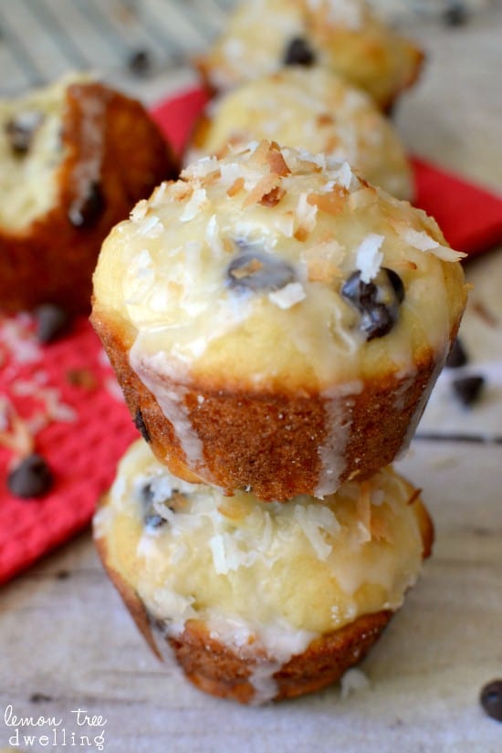Moist, delicious chocolate chip muffins, infused with coconut extract and topped with a toasted coconut glaze.