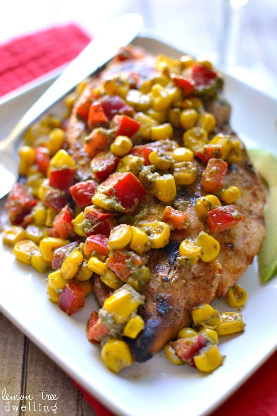 Grilled Chicken w/ Pesto Corn Salsa - quick, easy & jam packed with flavor!