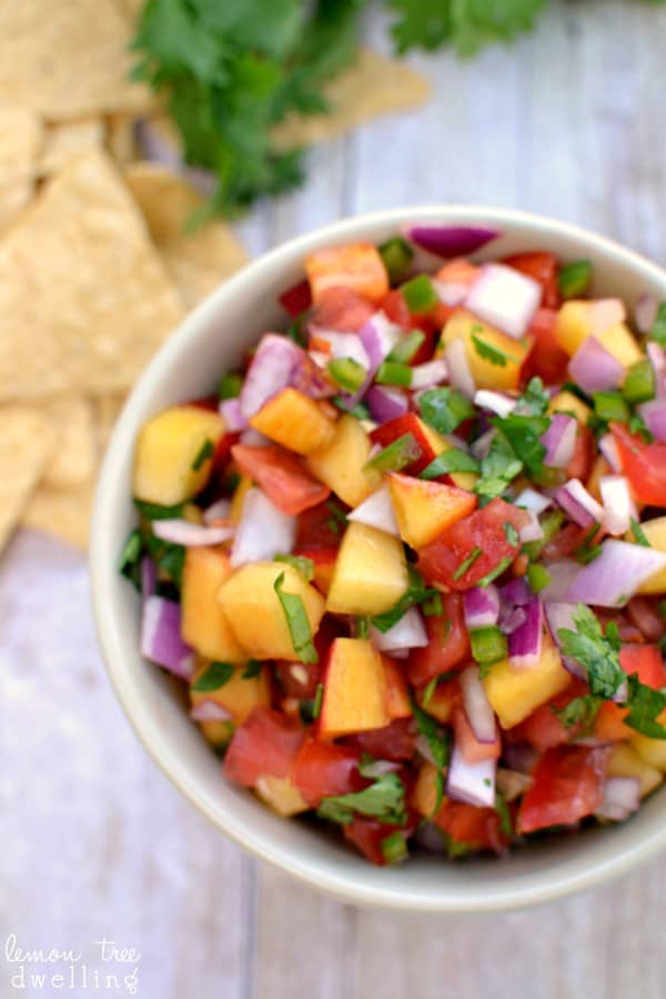 Fresh Peach Salsa with tomatoes, red onion, cilantro, and a kick of jalapeno. A fresh, delicious summer salsa!