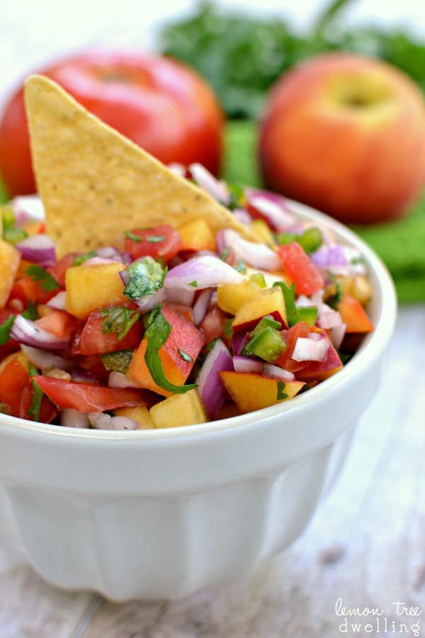 Fresh Peach Salsa with tomatoes, red onion, cilantro, and a kick of jalapeno. A fresh, delicious summer salsa!