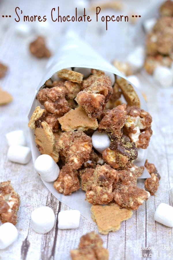 Chocolate popcorn loaded with chocolate chips, mini marshmallows, graham cracker pieces, and graham cracker crumbs. A s'mores treat you can eat by the handful!
