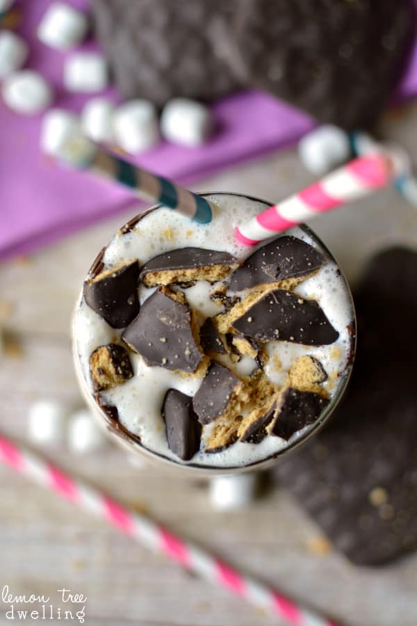 S'mores Marshmallow Malt - delicious vanilla bean ice cream blended with marshmallow fluff, malt powder, and chocolate covered grahams.