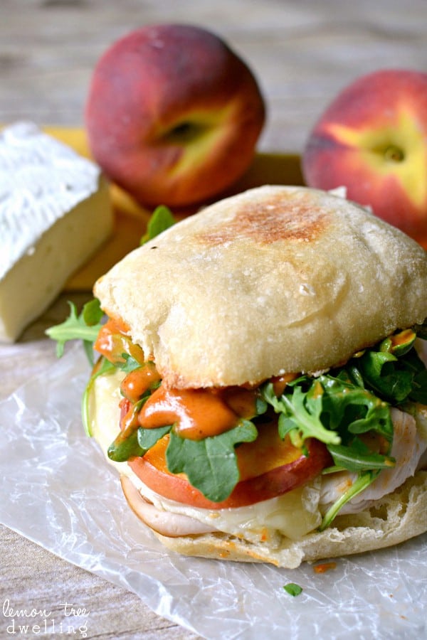 Turkey-Brie Sandwich with peaches, arugula, & spicy mayo