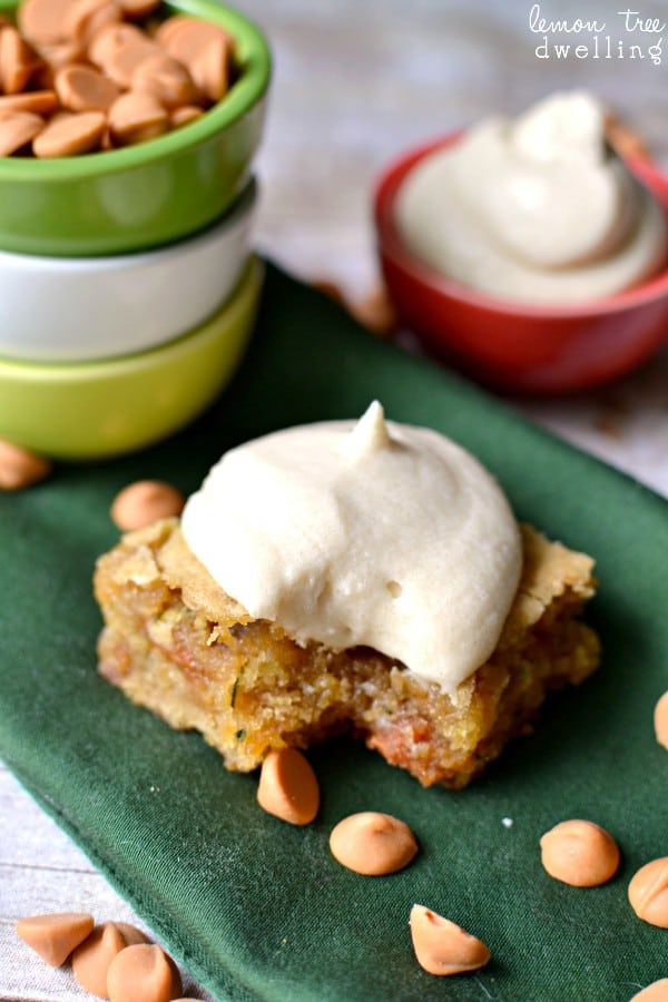 Butterscotch Zucchini Blondies with Brown Sugar Buttercream Frosting. OMG delicious!