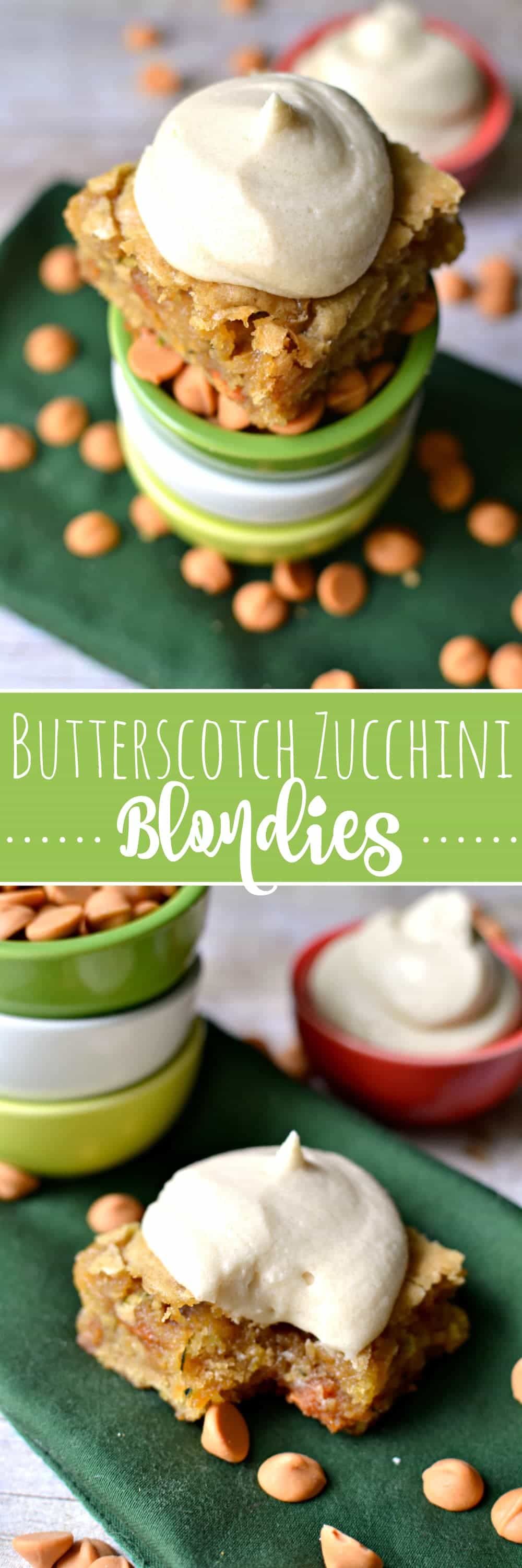 Butterscotch Zucchini Blondies with Brown Sugar Buttercream Frosting. OMG delicious!