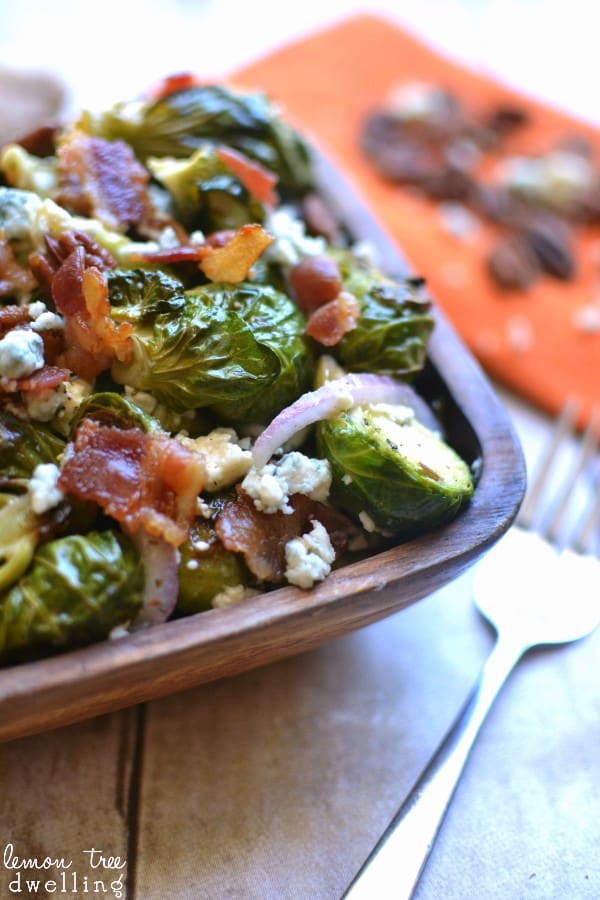Harvest Brussel Sprout Salad with bacon, blue cheese, red onions & pecans