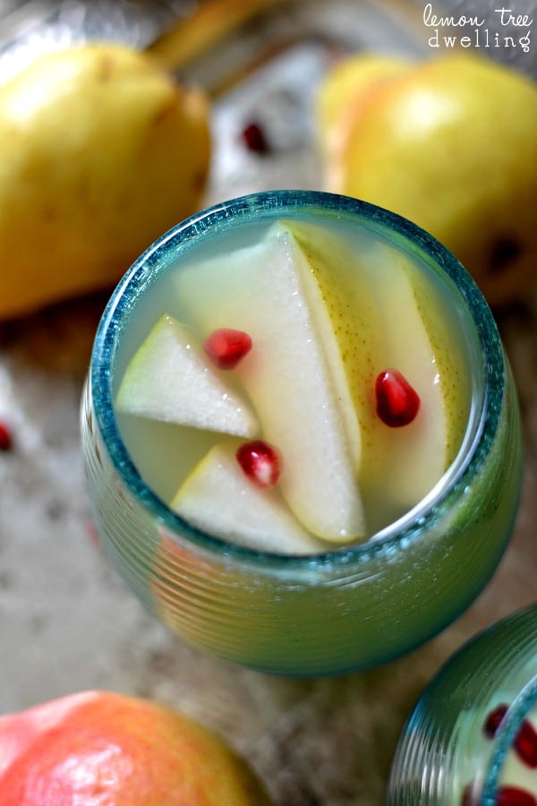 Pear Sangria with fresh pears and pomegranate seeds. Can't wait to try this!