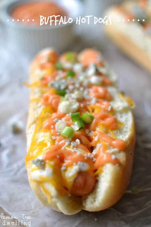 Buffalo Hot Dogs - loaded with ooey gooey cheesy buffalo deliciousness! Perfect for game day!