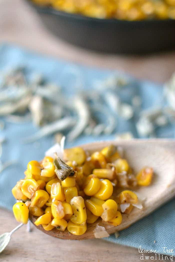 Skillet Corn with Brown Butter and Sage will be a perfect compliment to your table. This flavorful side dish is so quick and easy, it's a must-have on your holiday menu!