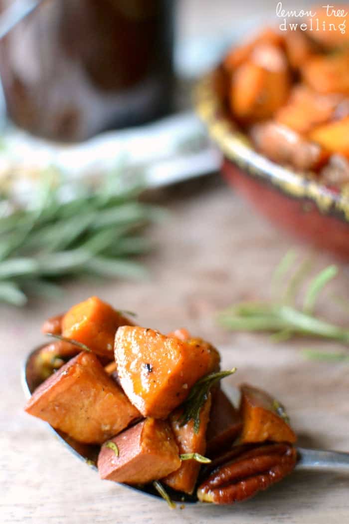 Rosemary Roasted Sweet Potatoes with pecans and a hint of maple syrup!