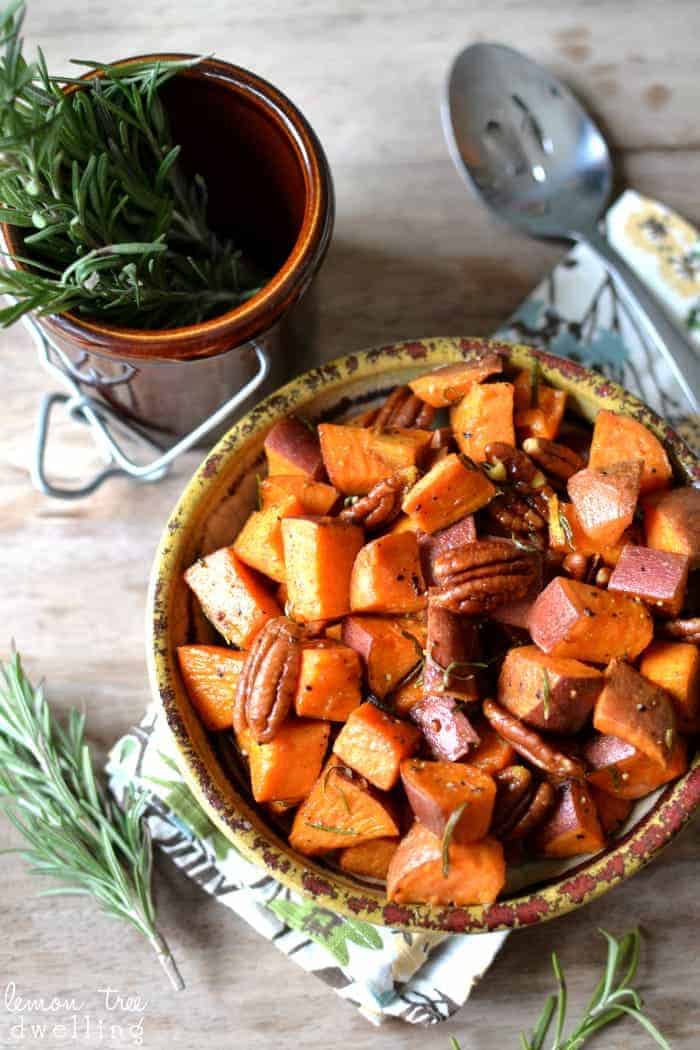 Rosemary Roasted Sweet Potatoes with pecans and a hint of maple syrup!