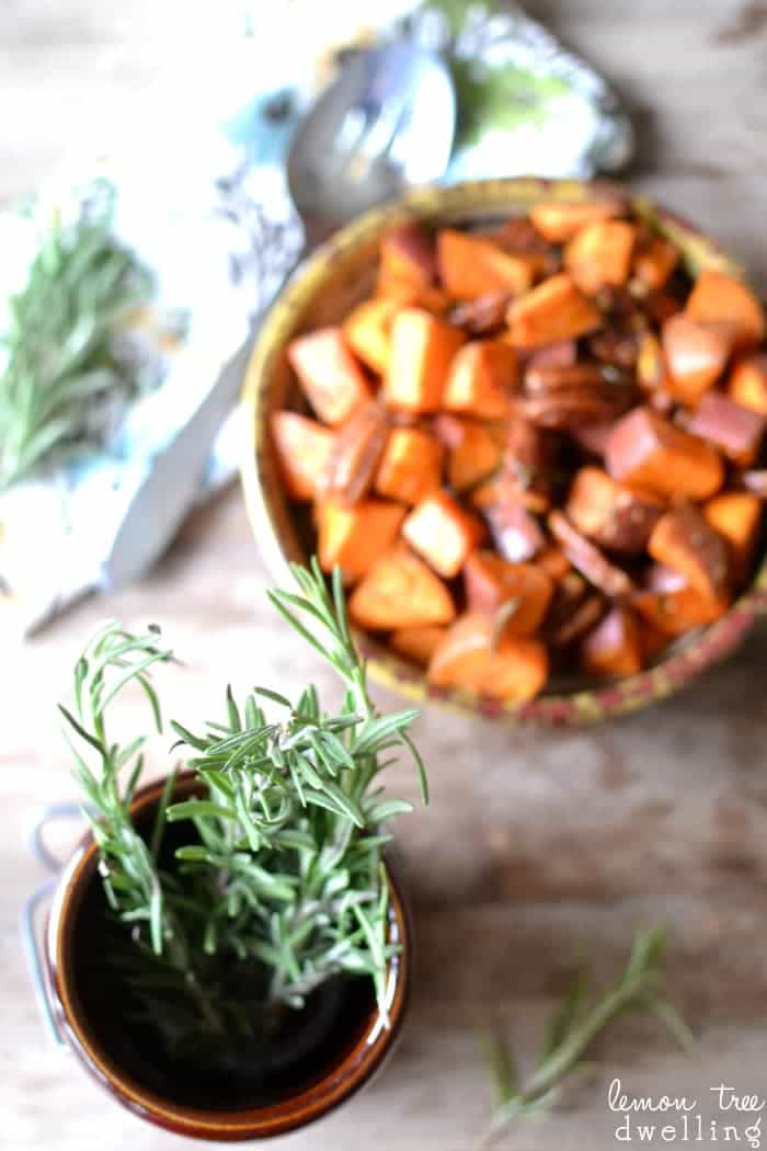 Rosemary Roasted Sweet Potatoes with pecans and a hint of maple syrup!