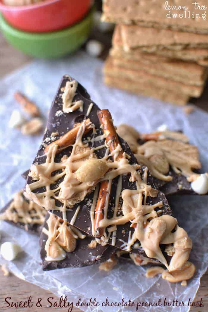 Sweet 'n Salty Double Chocolate Peanut Butter Bark is a decadent dessert or easy snack for all the chocolate lovers in your family. Easy to make and delicious!
