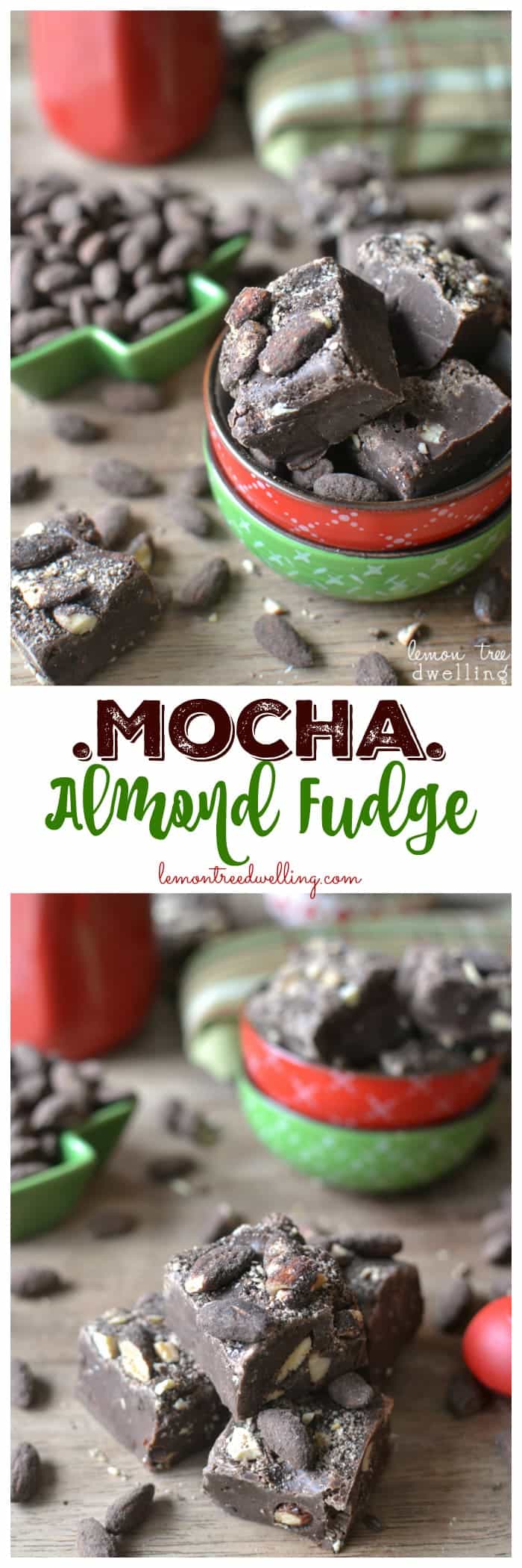 Mocha Almond Fudge is so rich and creamy! Laced with espresso and dark chocolate almonds, this 4 ingredient no-bake fudge is so easy to make and SO delicious!