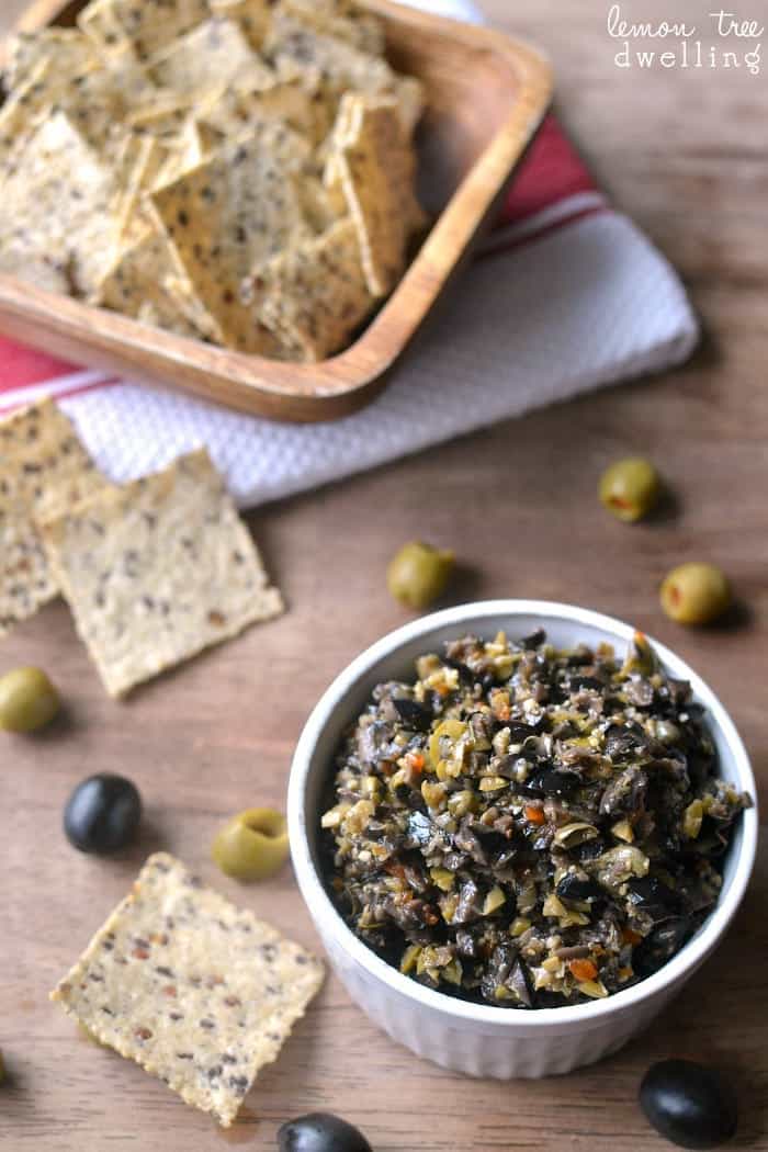 Olive Tapenade made with black and green olives is packed with flavor and perfect for dipping! This easy recipe comes together in minutes and is the BEST olive tapenade ever!