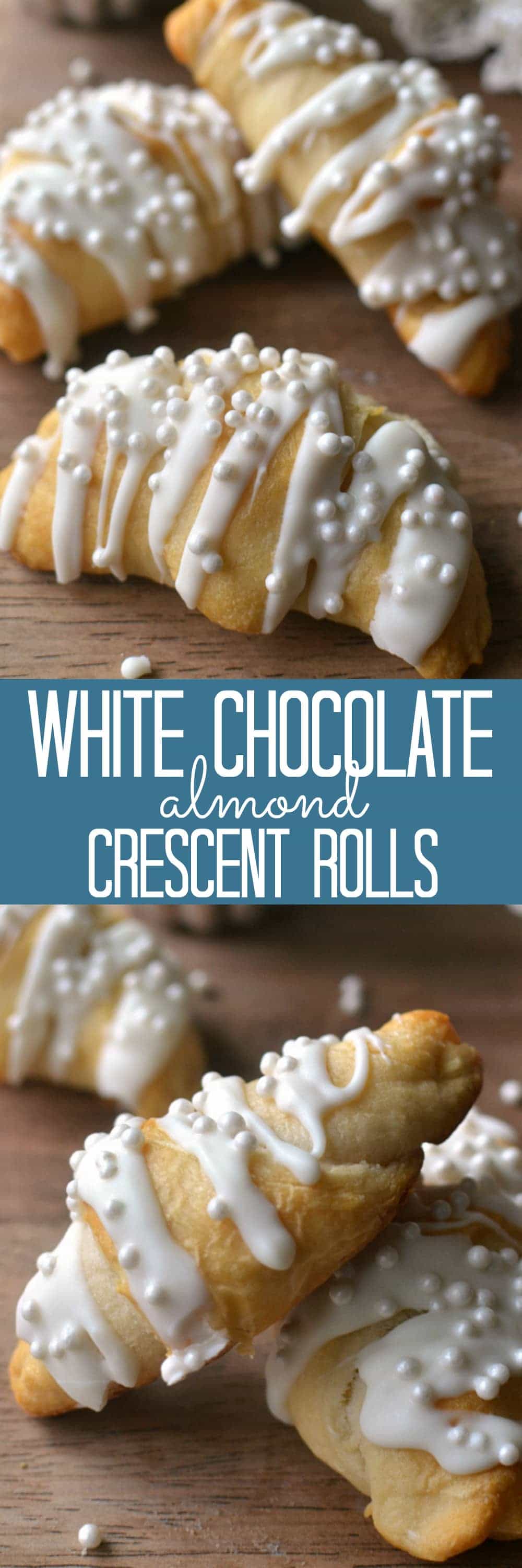 Buttery crescent rolls stuffed with almond cream cheese and sliced almonds and topped with white chocolate and nonpareils. These rolls are not only delicious, they're so pretty, too! Perfect for New Year's morning, a wedding shower, or any special occasion.