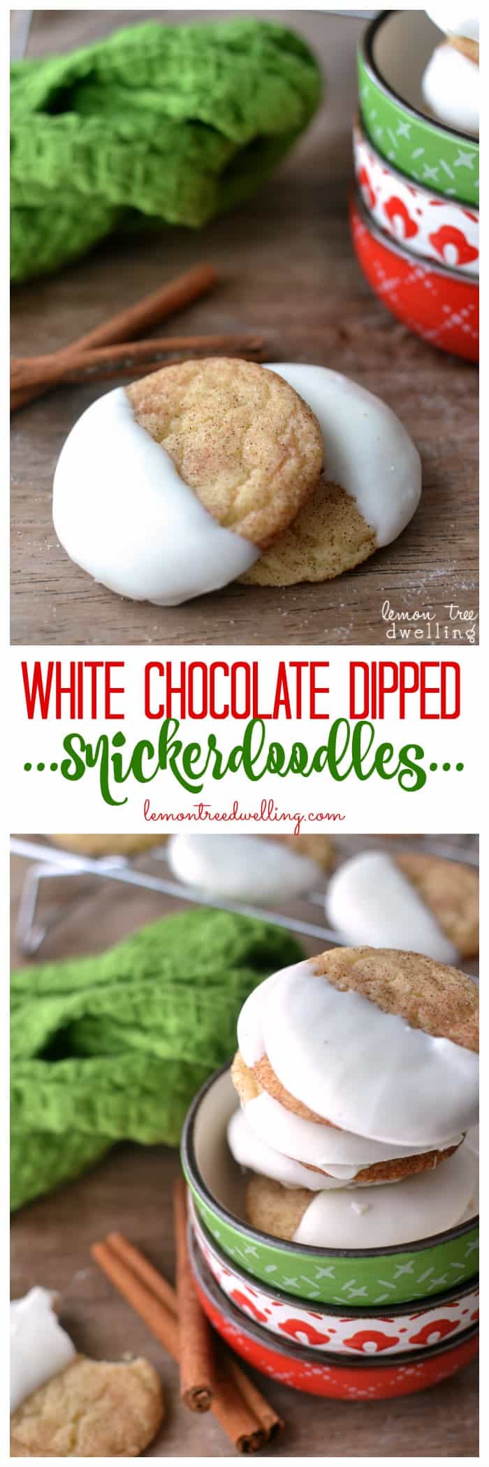 White Chocolate Dipped Snickerdoodles - a delicious twist on one of my favorite Christmas cookies! 